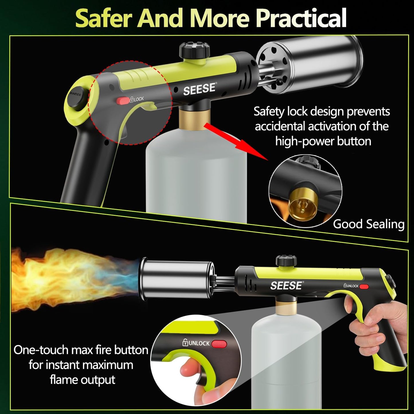 Propane Torch(Propane Tank Not Included) - One-Touch Ignition & Adjustable Max Power Flame for BBQ, Searing & Outdoor Fire Starting